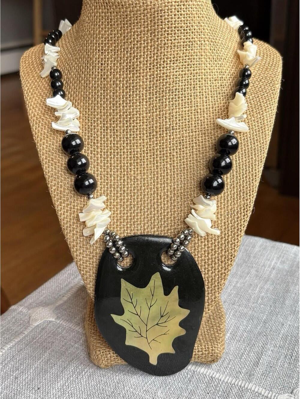 Vintage Pendant Necklace Leaf Inlay Mother of Pearl Black Resin Beaded